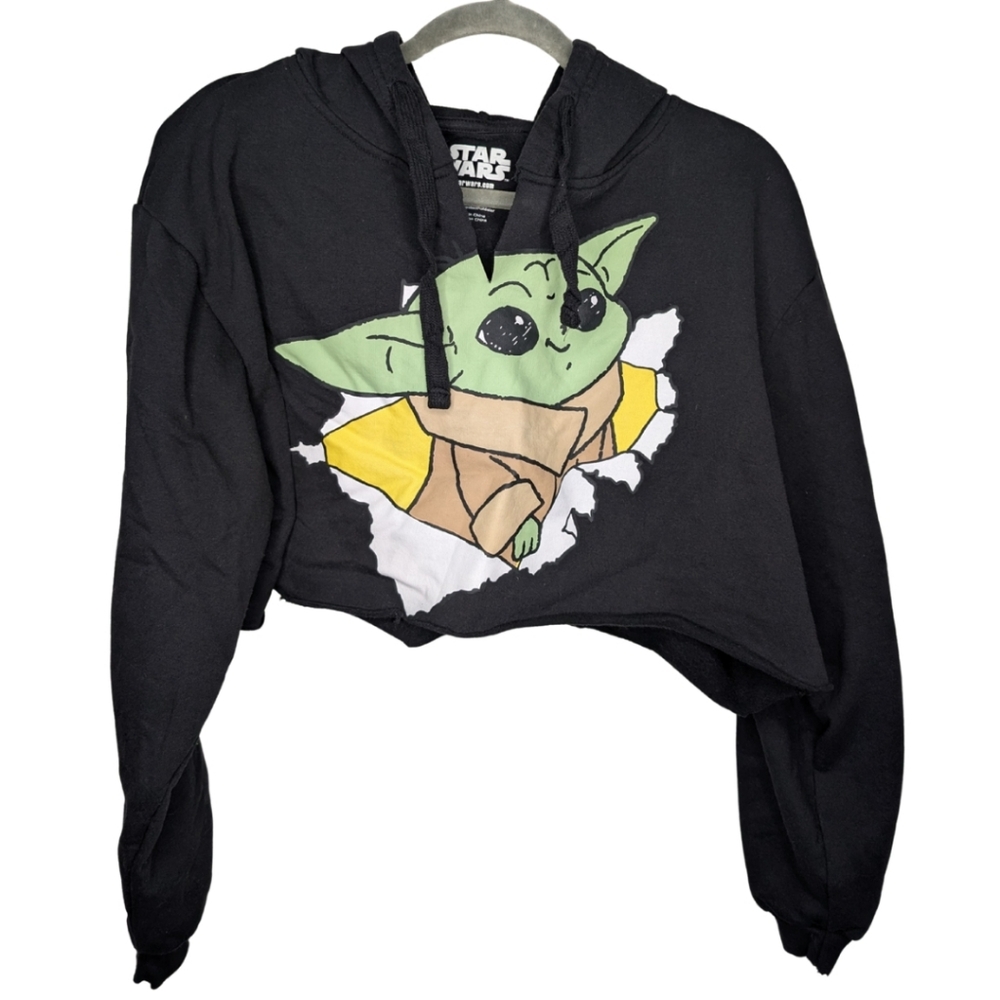 Star Wars Grogu Baby Yoda Cropped Hoodie Raw Hem Black 3XL